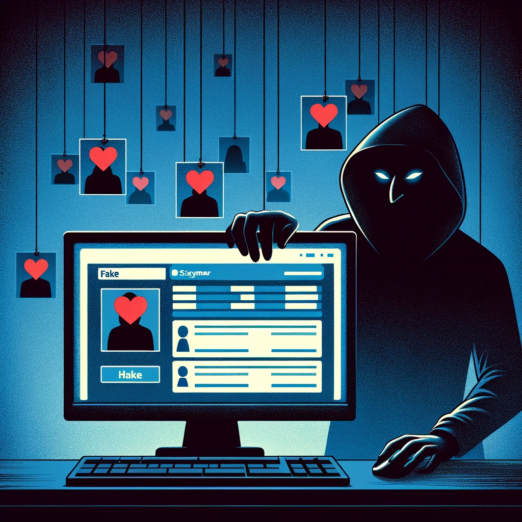 Illustration showing a shadowy figure behind a computer screen filled with fake dating profiles, symbolizing the deceptive tactics of online dating scammers.