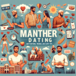 Illustrative collage of manther dating showing diverse people engaging in activities like cooking, outdoor sports, and using dating apps with the text 'Manther Dating: Motivations, Trends, and Safety Tips