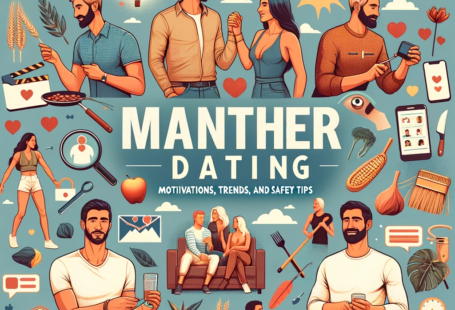 Illustrative collage of manther dating showing diverse people engaging in activities like cooking, outdoor sports, and using dating apps with the text 'Manther Dating: Motivations, Trends, and Safety Tips