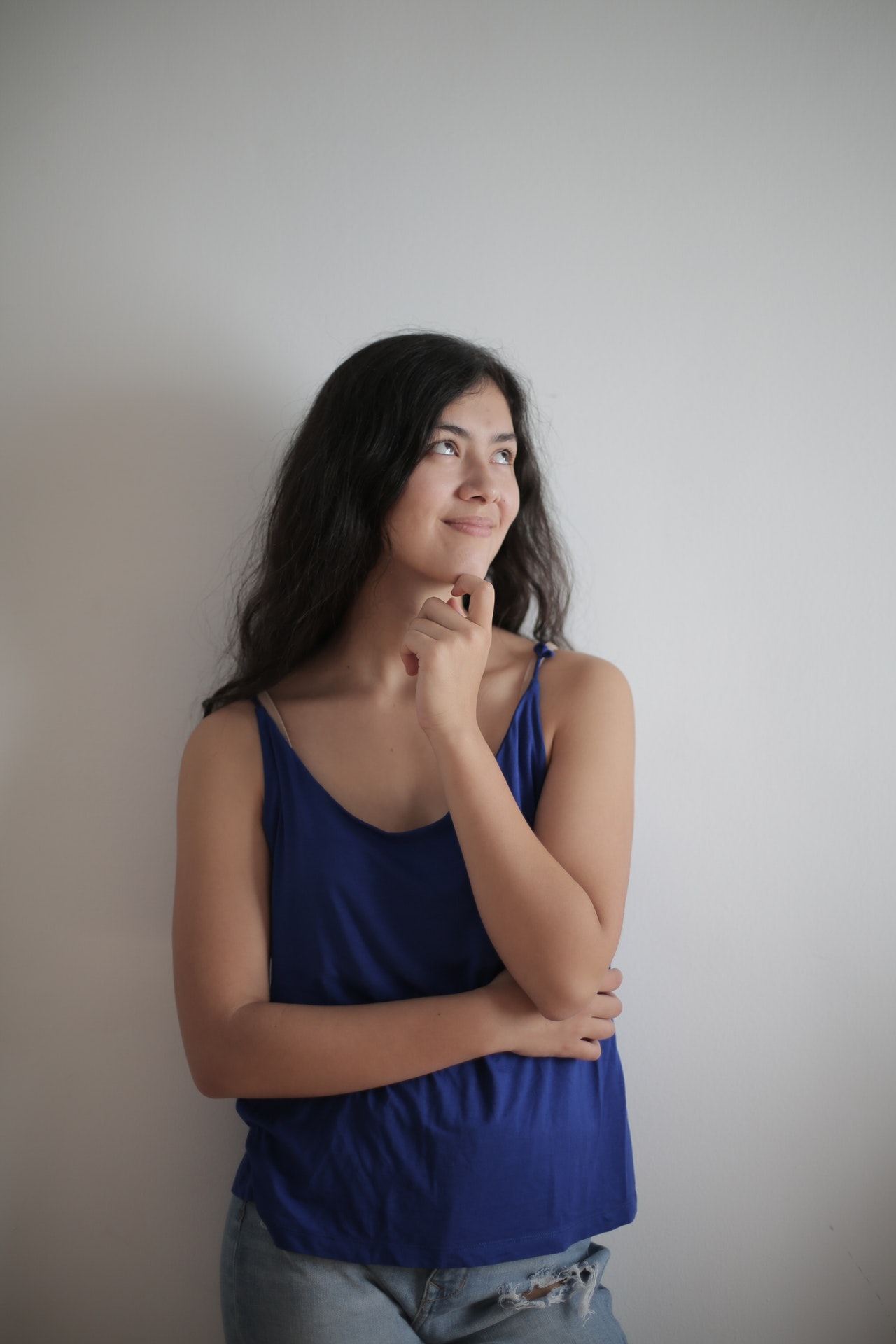 woman in blue tank top