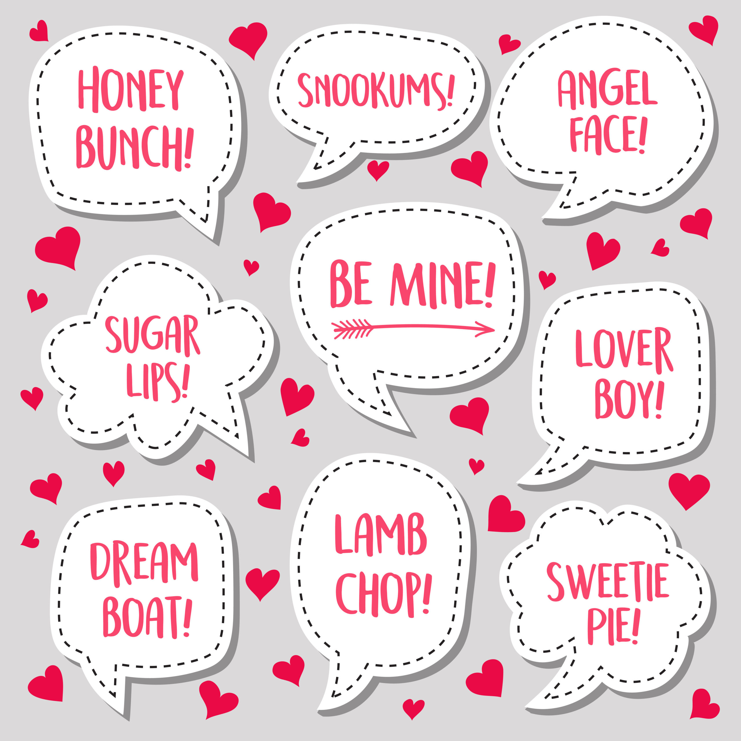 Valentines Day talk bubbles with cute names and phrases for stickers, scrapbooks, greeting cards, banners.