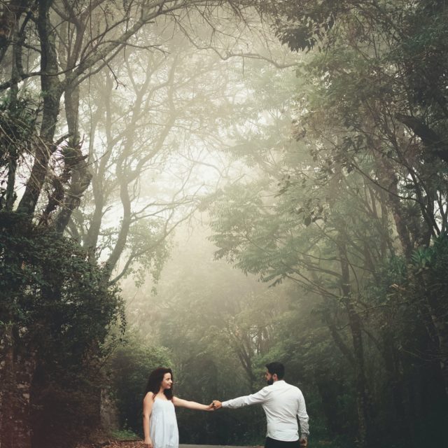 a couple standing & holding hands in front of trees