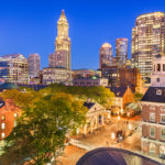 Boston city for singles, Massachusetts, USA skyline with Faneuil Hall and Quincy Market
