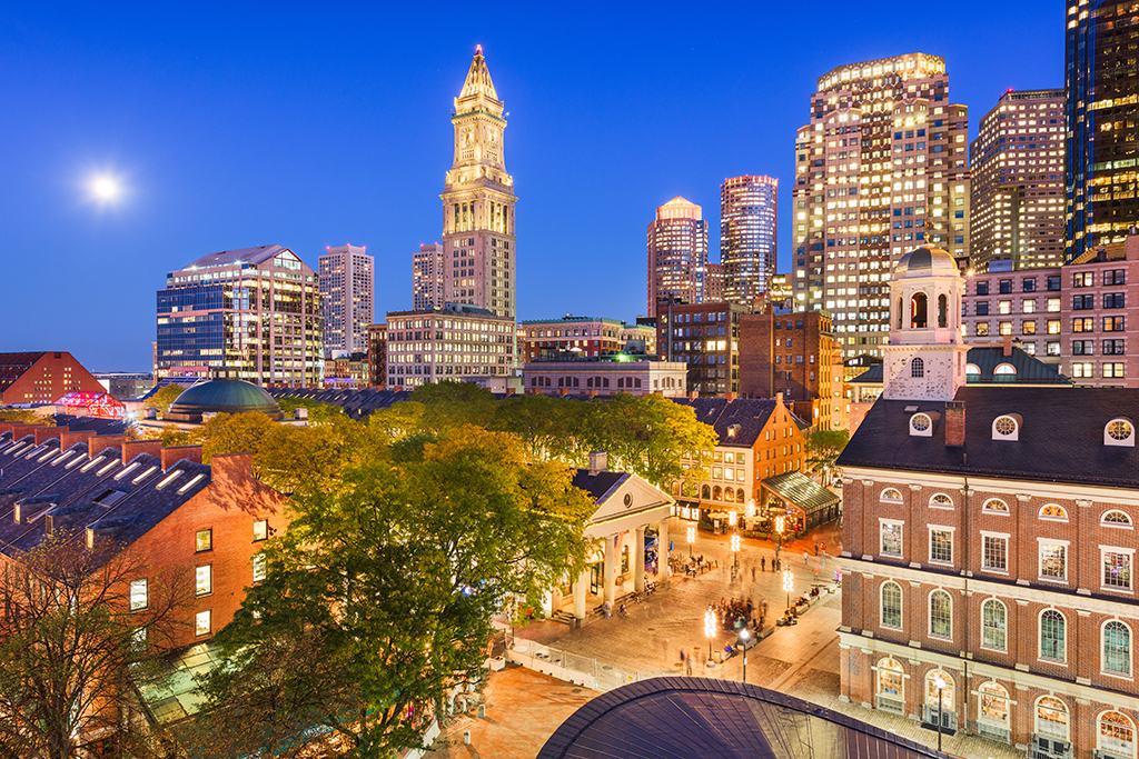 Boston city for singles, Massachusetts, USA skyline with Faneuil Hall and Quincy Market