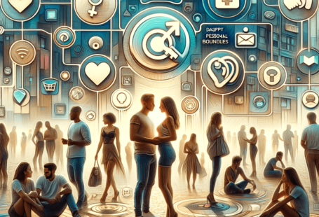 A complex illustration showing diverse couples and individuals standing on concentric circles with interconnected digital icons and symbols floating above, symbolizing the intricacies and connectivity of modern hookups and relationships.