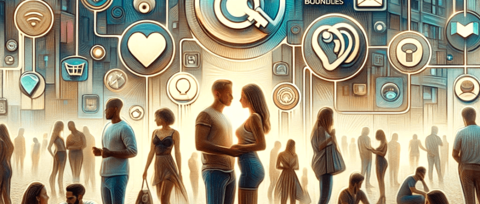 A complex illustration showing diverse couples and individuals standing on concentric circles with interconnected digital icons and symbols floating above, symbolizing the intricacies and connectivity of modern hookups and relationships.