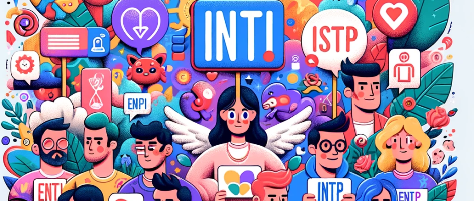 An illustrated mosaic featuring various cartoon characters holding signs with different Myers-Briggs personality type acronyms like INTJ, ENFP, ISTP, amidst a vibrant backdrop of social media and communication icons, emoticons, and abstract elements.