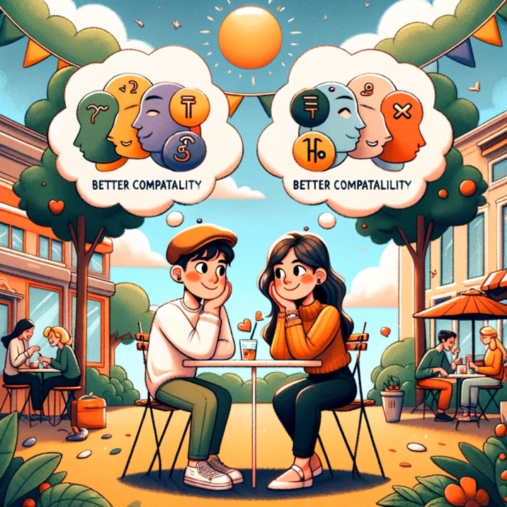 A whimsical illustration showing a man and a woman on a date at a cafe, with thought bubbles containing matching personality type symbols above their heads, highlighting their compatibility.