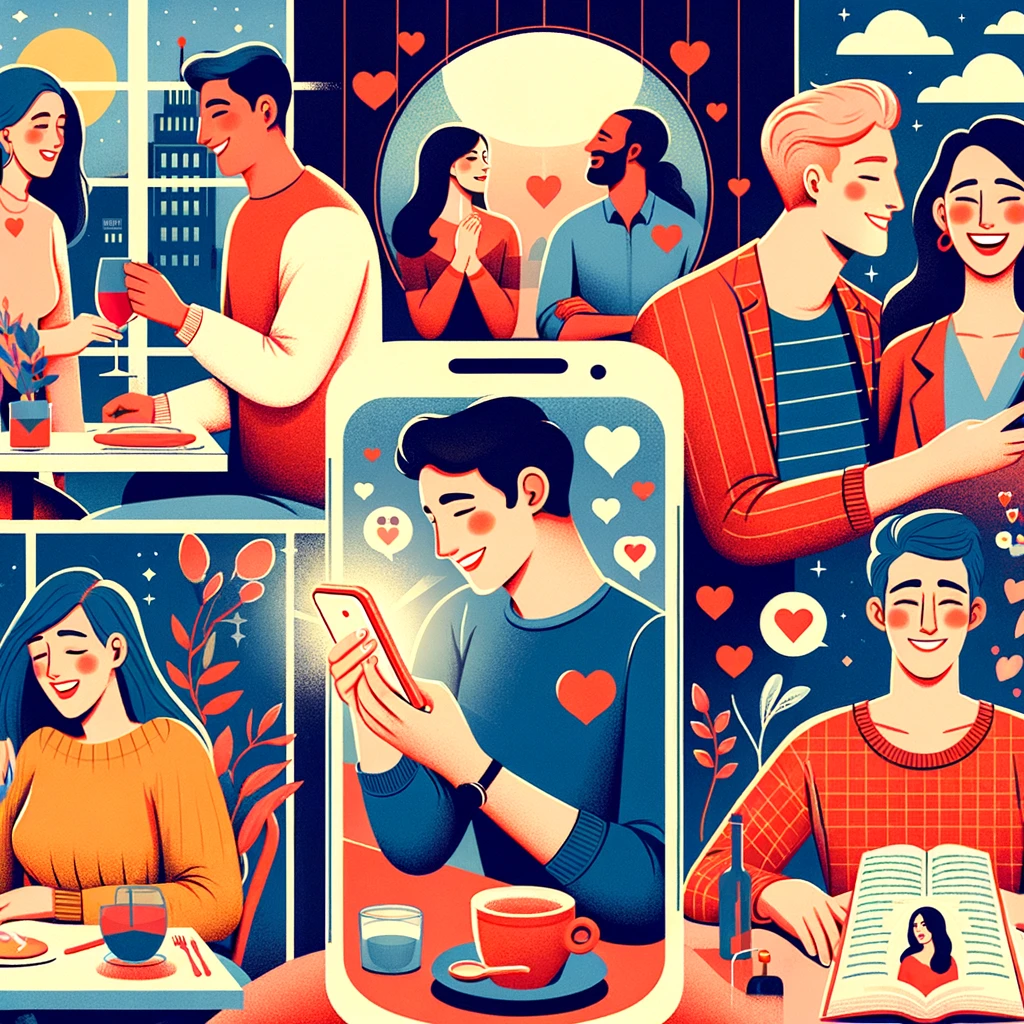 A richly detailed illustration showing a variety of dating scenarios, including a couple dining, a man and woman in an intimate conversation, a person smiling at a smartphone, and a single individual looking content with a book.