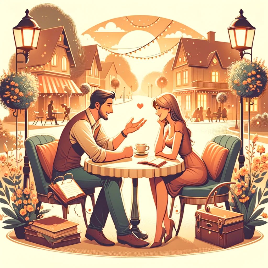 A sepia-toned illustration of a man and a woman enjoying a romantic conversation at a quaint outdoor cafe, with a heart symbolizing love floating between them.