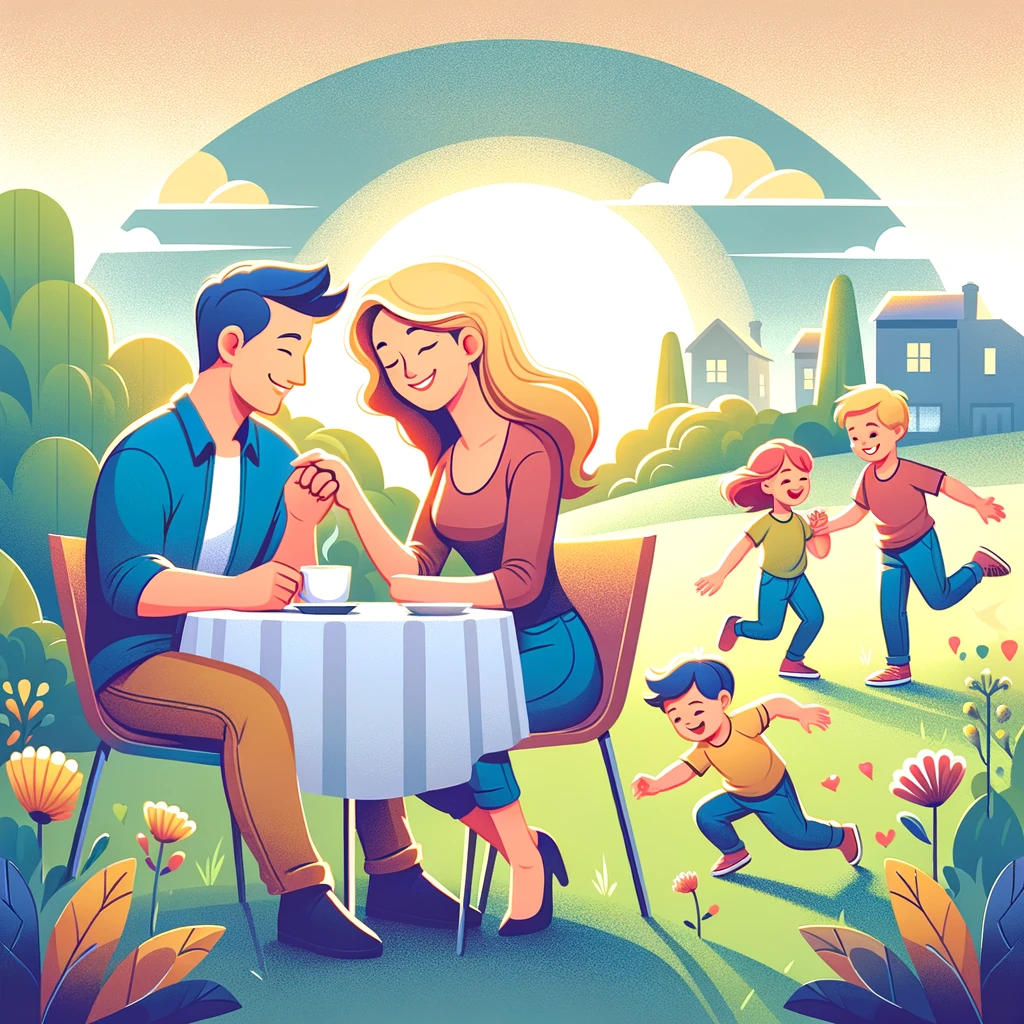 A cheerful illustration of a single parent dating scene, showing a man and woman enjoying a peaceful coffee date while children play in the background