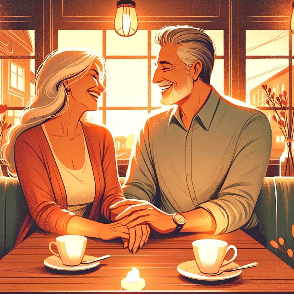 A heartwarming illustration of an older couple enjoying each other's company at a cafe, with their hands tenderly clasped over a table set with coffee cups.