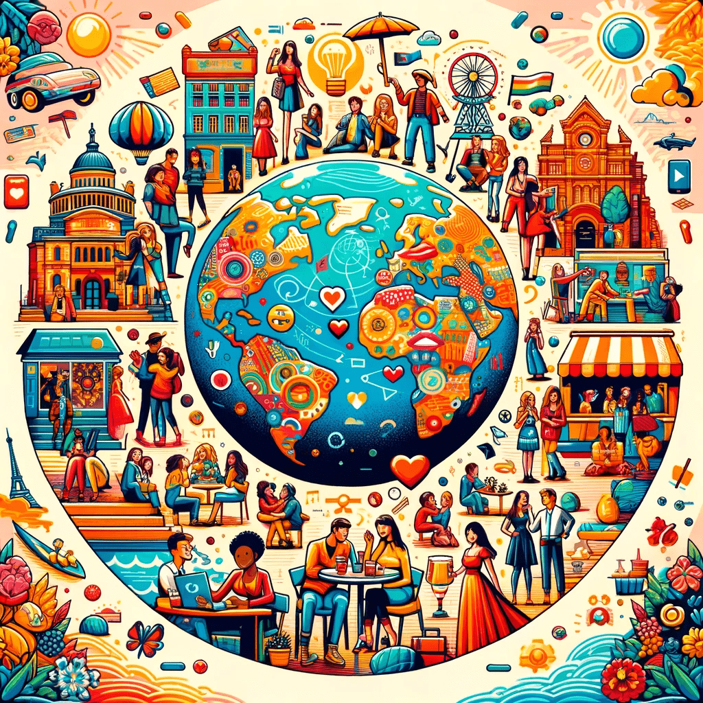 A vibrant and detailed illustration depicting the global dating scene with diverse couples in various romantic settings around a central globe marked with heart icons, representing international love and connections.