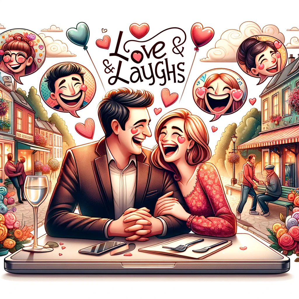 A heartwarming illustration of a laughing couple on a date at a street-side cafe, with whimsical emoticons of joy and love floating around them, encapsulating the joy of shared humor in romance.