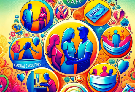 Illustration of diverse adults in a respectful social setting, with symbols like condoms and communication icons, emphasizing safety in casual relationships.