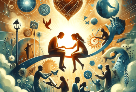 Illustration of a couple engaging in activities symbolizing reconnection and overcoming intimacy challenges, showcasing communication and shared experiences in a warm, supportive atmosphere.