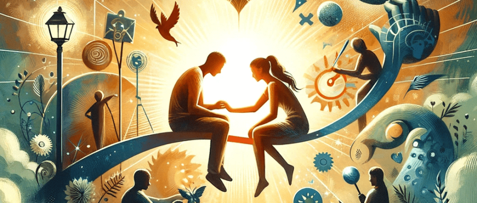 Illustration of a couple engaging in activities symbolizing reconnection and overcoming intimacy challenges, showcasing communication and shared experiences in a warm, supportive atmosphere.