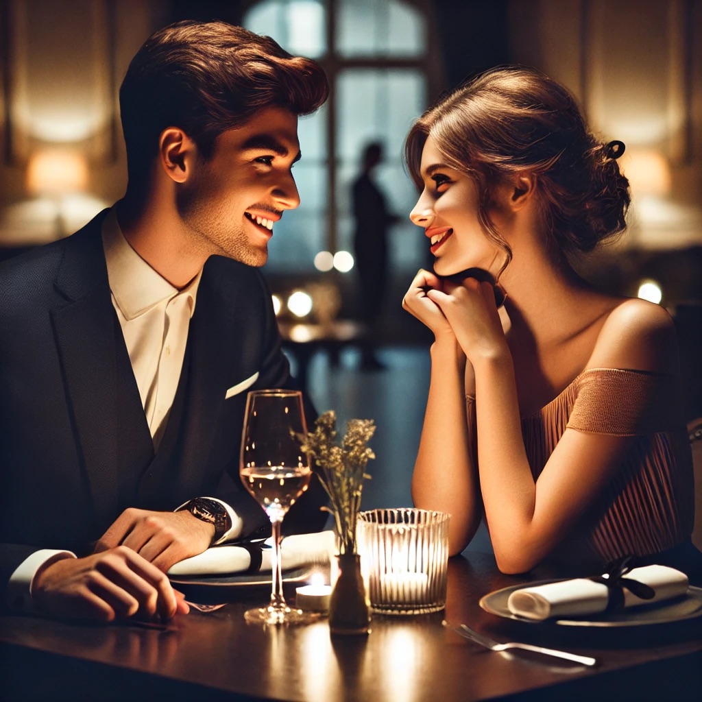 Couple enjoying a romantic candlelit dinner on their first date, potentially leading up to a first kiss.