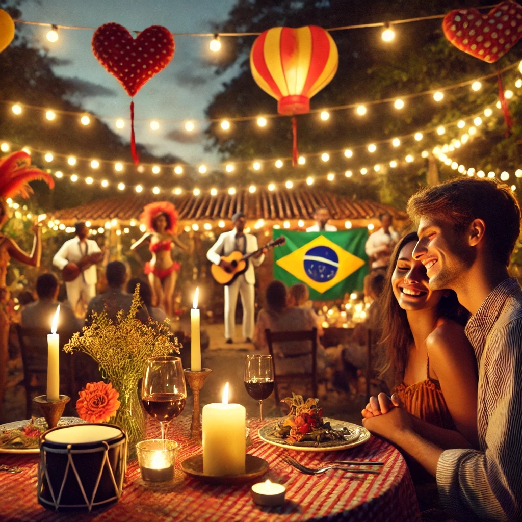 A romantic couple enjoying a candlelit dinner at an outdoor Brazilian restaurant, surrounded by string lights and festive decorations. A lively music festival with dancers in colorful outfits takes place in the background, capturing the spirit of Dia dos Namorados.