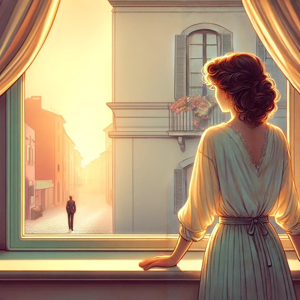 A young woman in a cozy Italian room looks out at a man from her window, early in the morning.