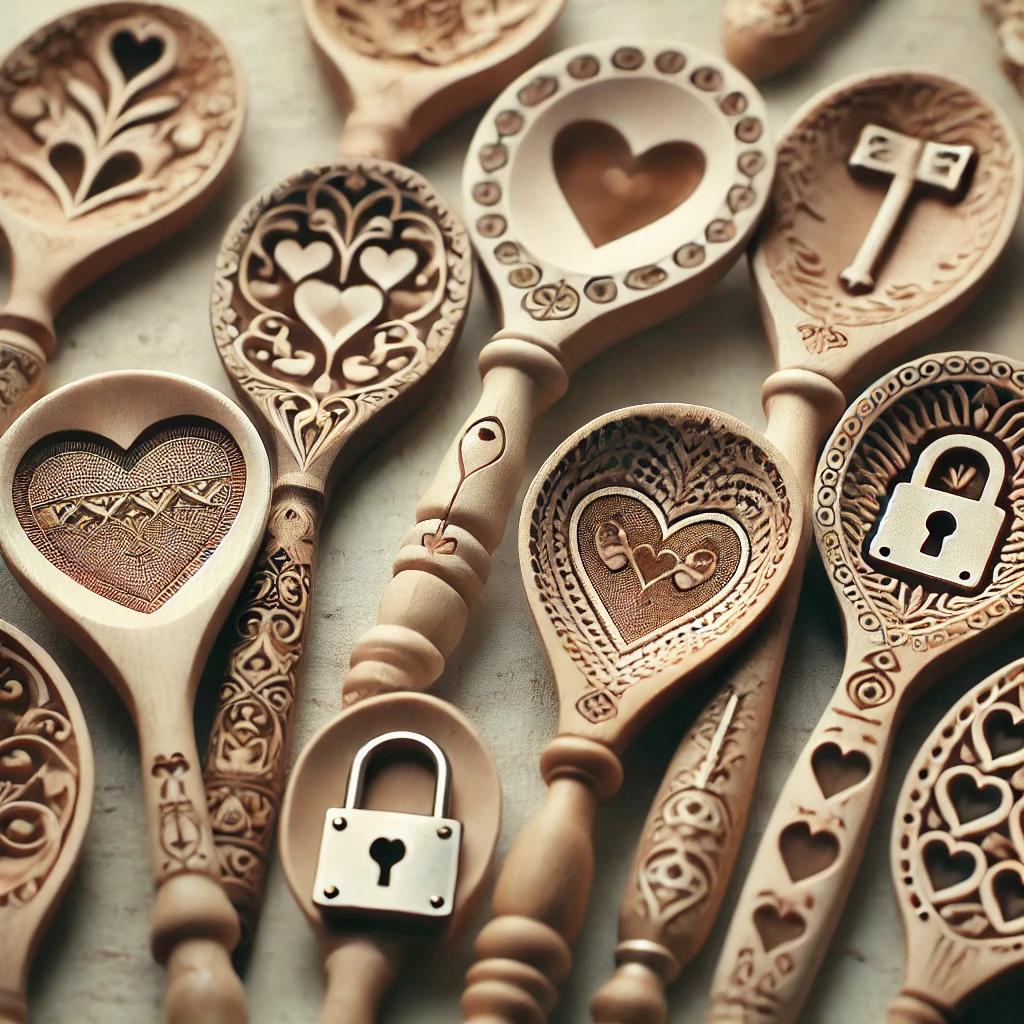 A collection of intricately carved wooden lovespoons from Wales, featuring symbols of hearts, keys, and padlocks