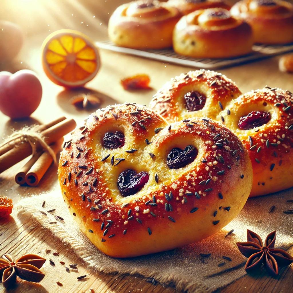 A heart-shaped Valentine’s buns with caraway seeds, plums, and raisins, placed on a wooden surface with warm natural lighting