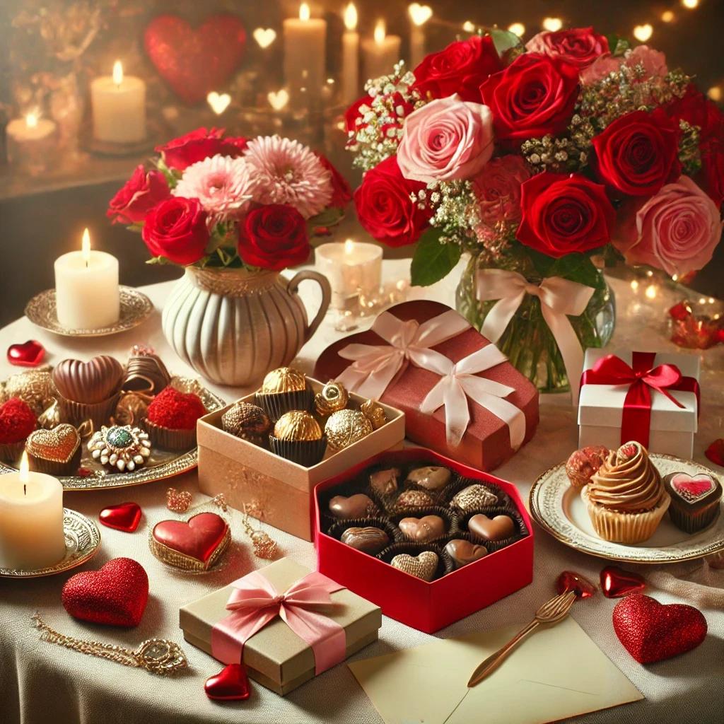 A romantic Valentine's Day setting featuring a beautifully arranged table with jewelry, chocolates, roses, heart-shaped pastries, and a love letter under soft candlelight.