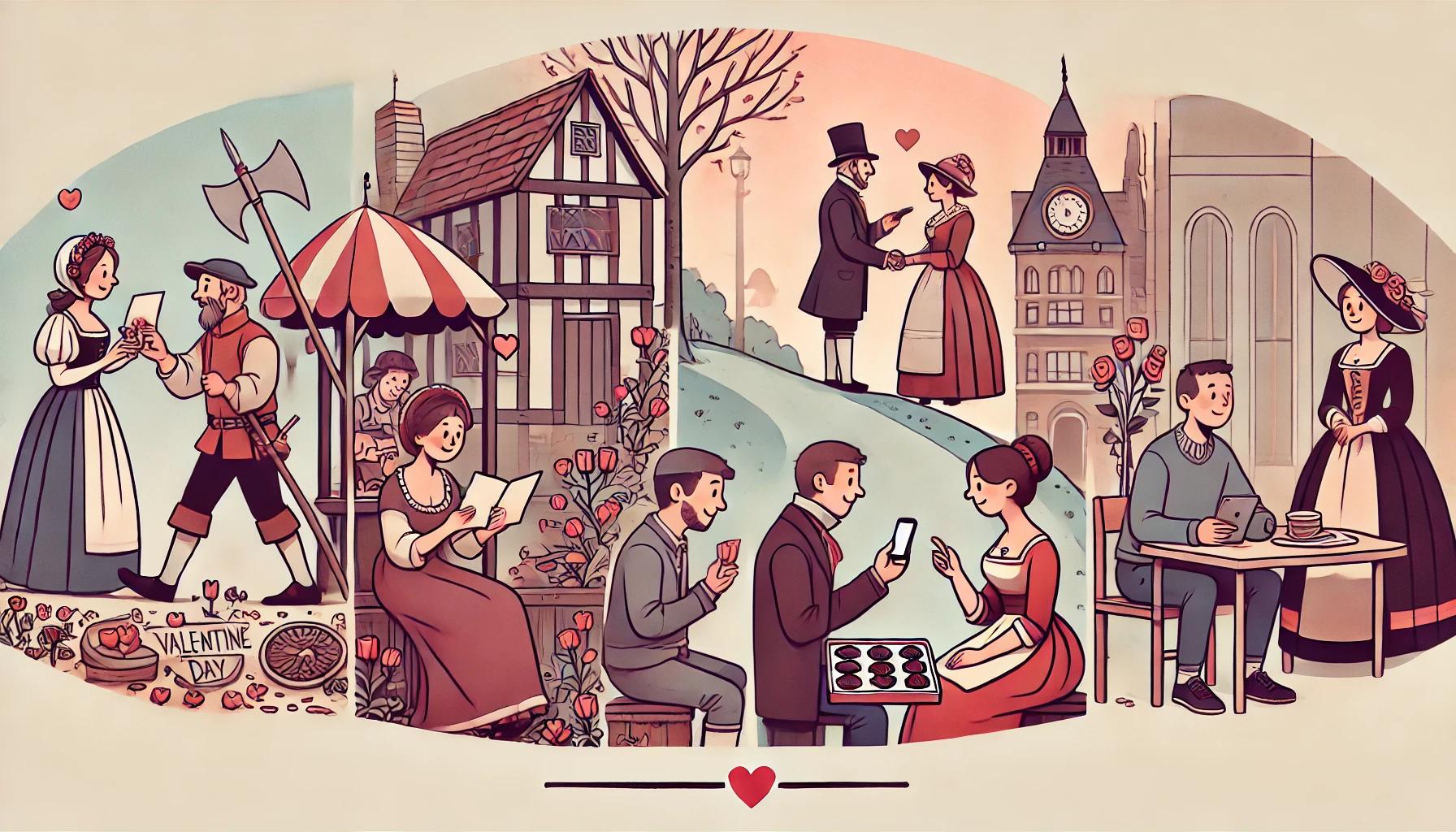 Illustration of the evolution of Valentine's Day celebrations, showing a medieval couple exchanging paper cards, a Victorian couple sharing chocolates, and a modern couple sending digital messages.