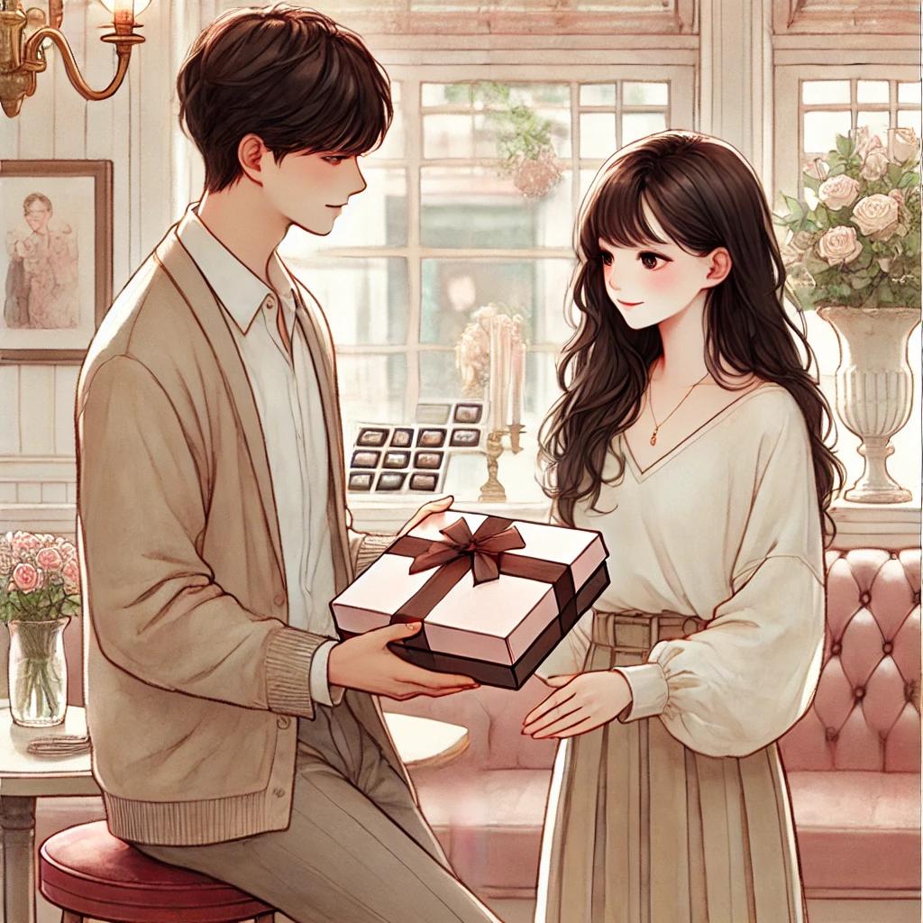 A young Asian woman presents a box of chocolates to a young man in a cozy cafe during White Day.