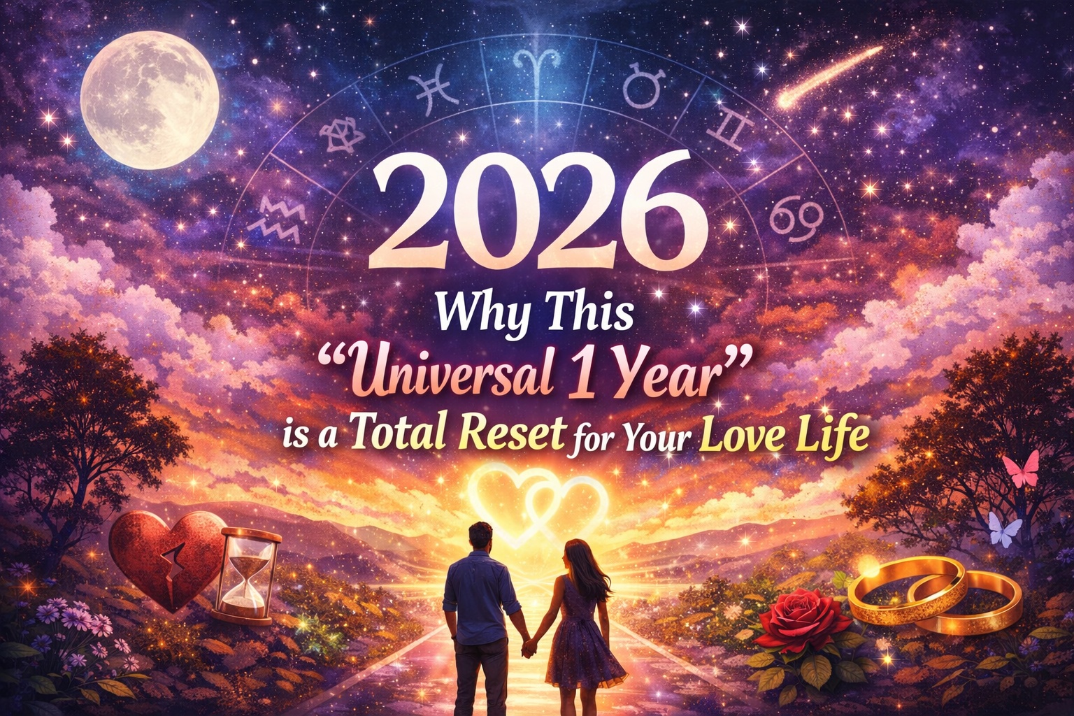 A romantic cosmic illustration showing a couple walking hand in hand toward glowing hearts under a starry sky, symbolizing 20