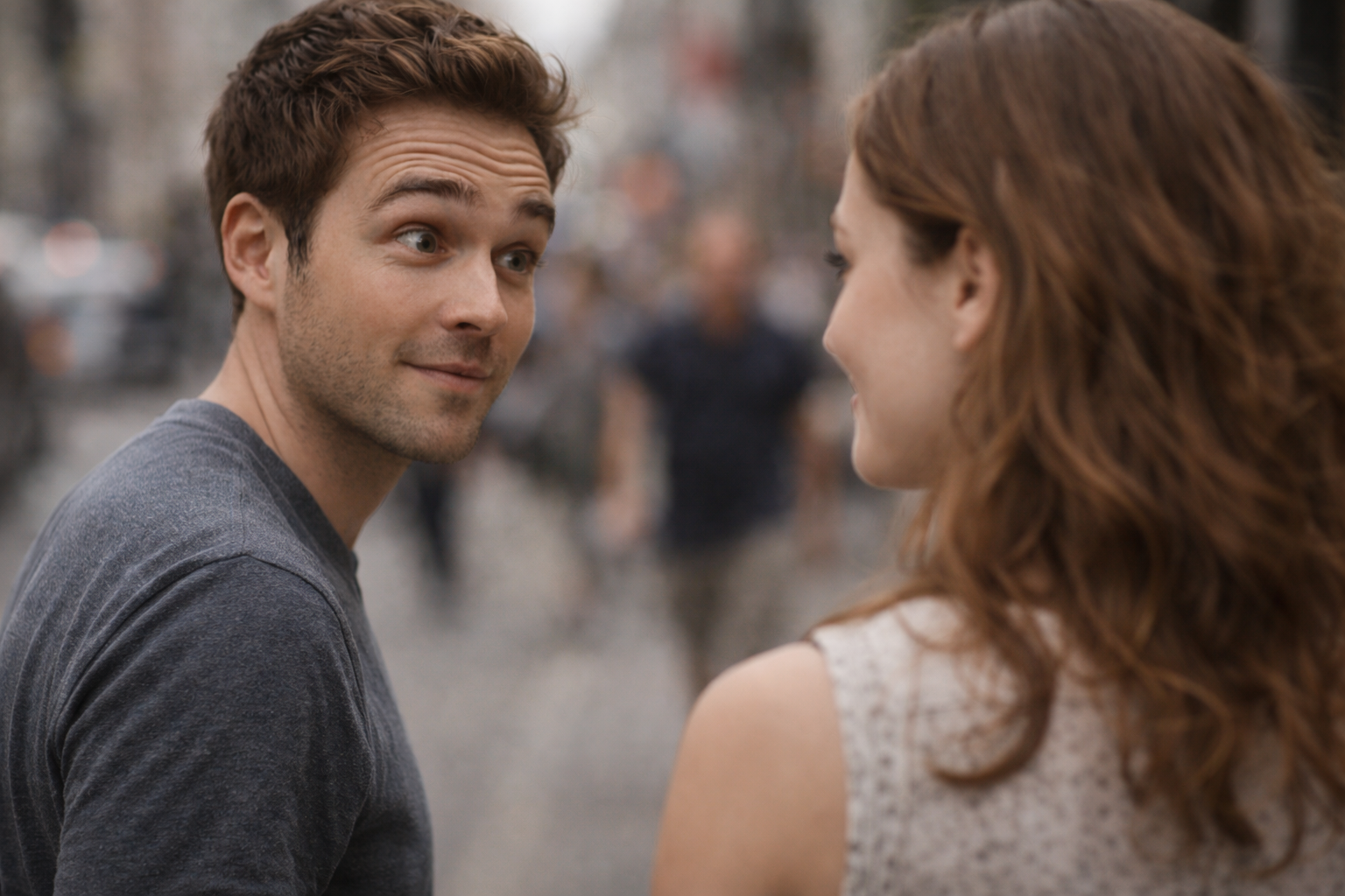 Two people unexpectedly making eye contact on a city street, one subtly raising both eyebrows in a brief natural eyebrow flash.