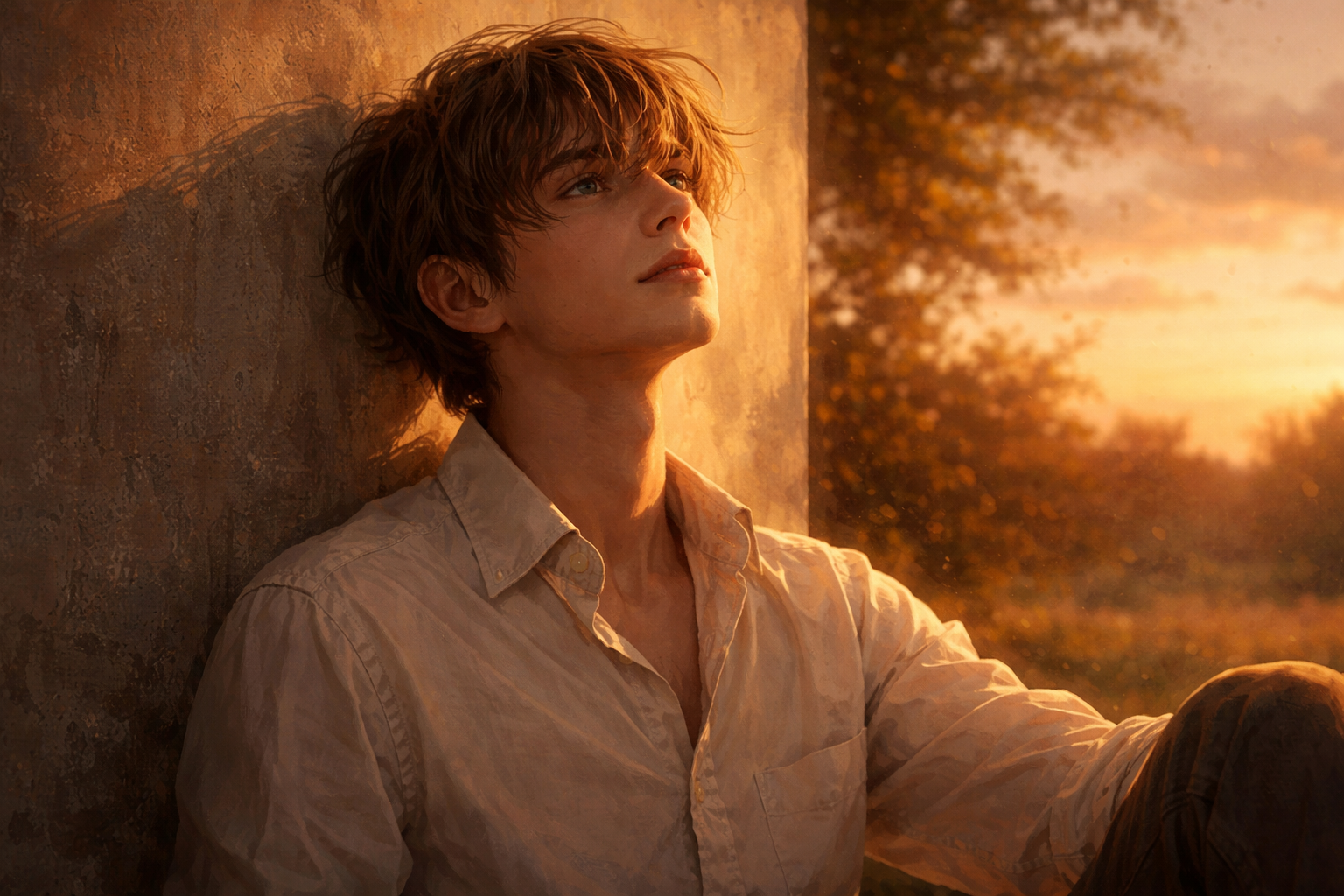 young man sitting alone at sunset, looking thoughtful and emotional, representing unspoken gay love and loneliness