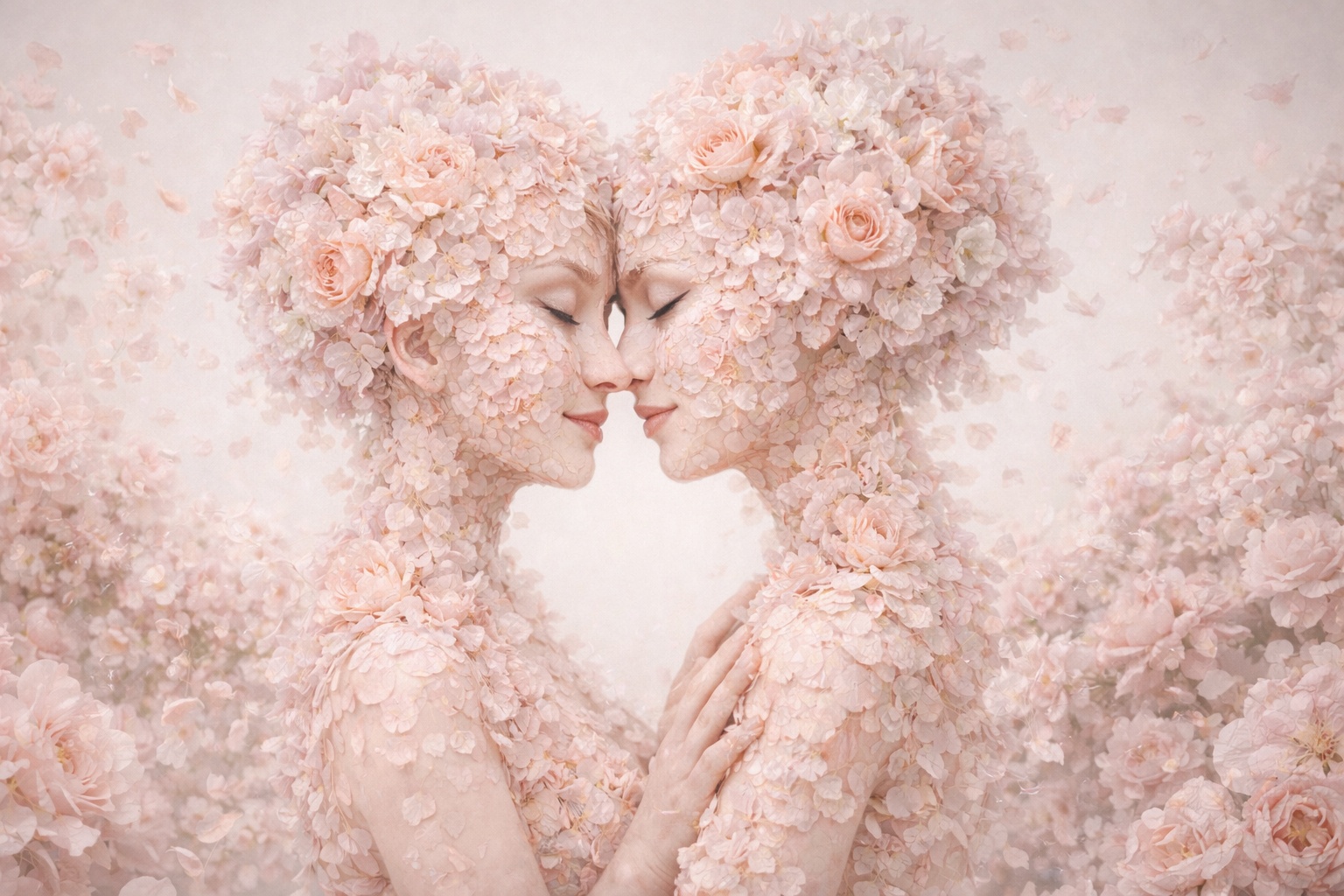 Two women with faces close together covered in soft flower petals, symbolizing intense emotional connection in a lesbian rela