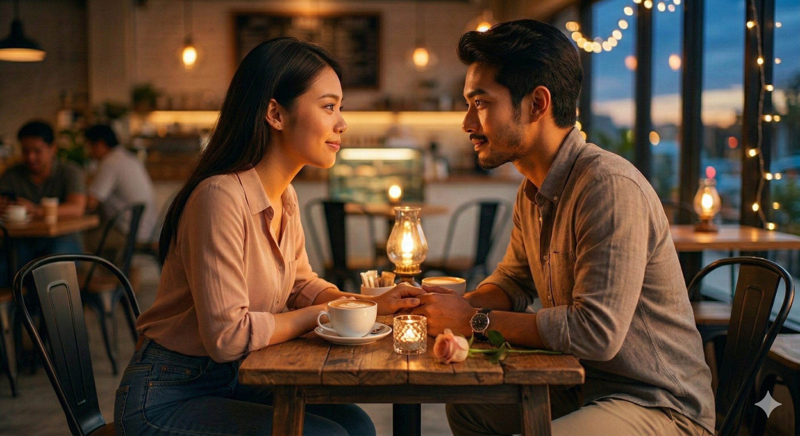A young couple making deep eye contact during a romantic candlelit date in a cafe.