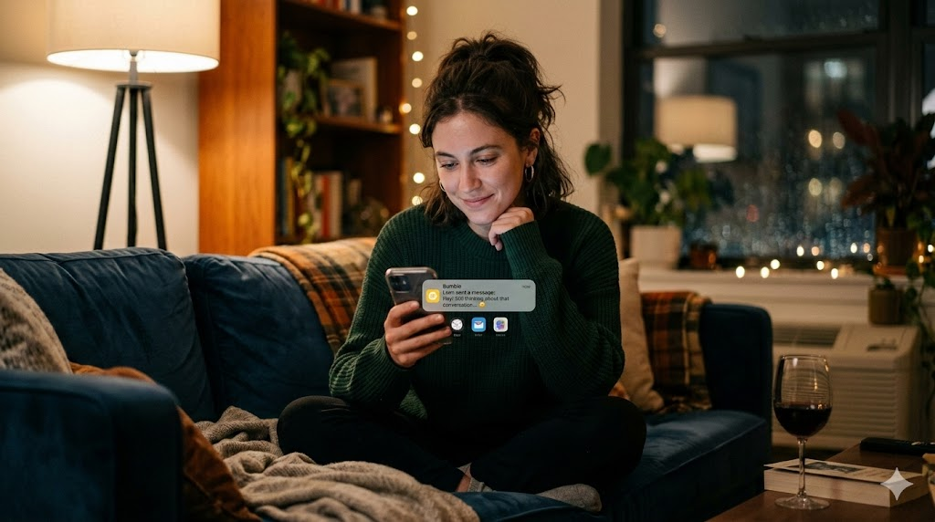 Woman smiling while checking a dating app message on her phone at home at night