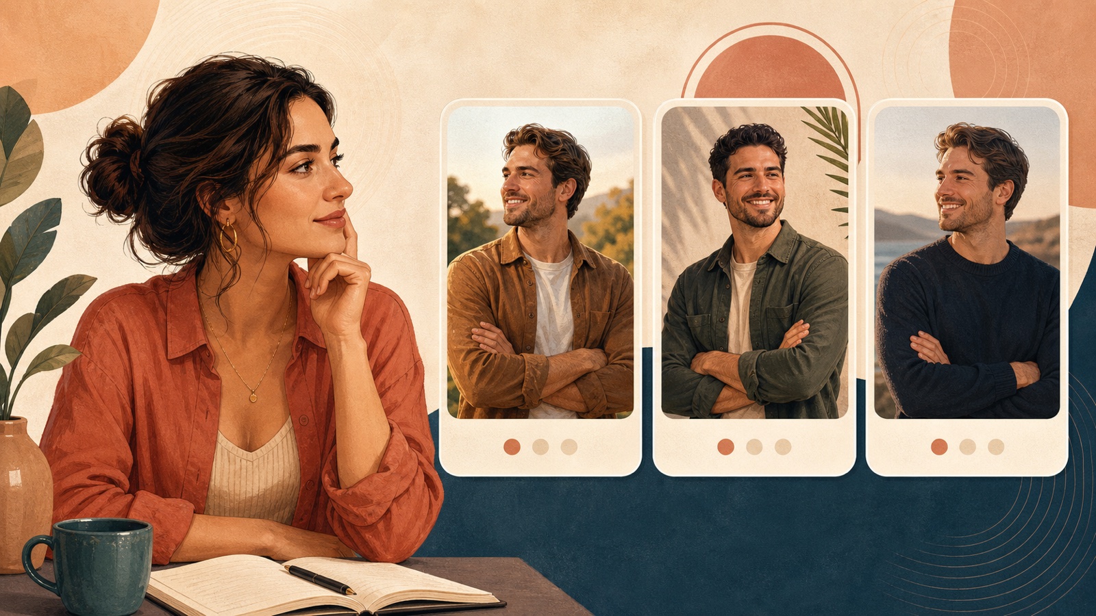 A woman recognizing similarities across three male dating profiles